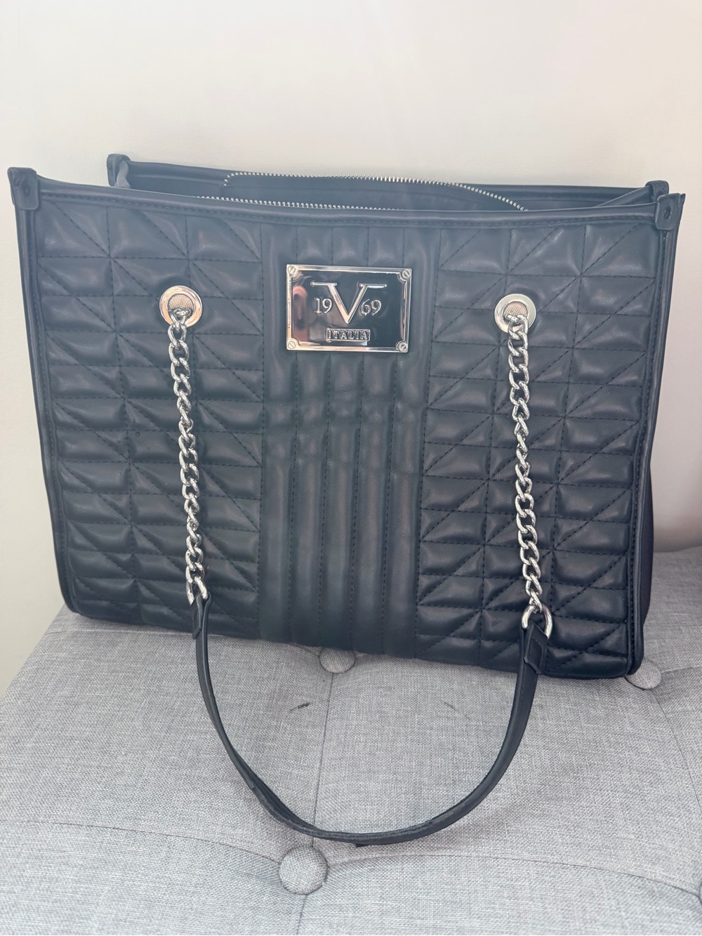 Versace 19V69 Quilted Black Tote Bag with Chain Straps